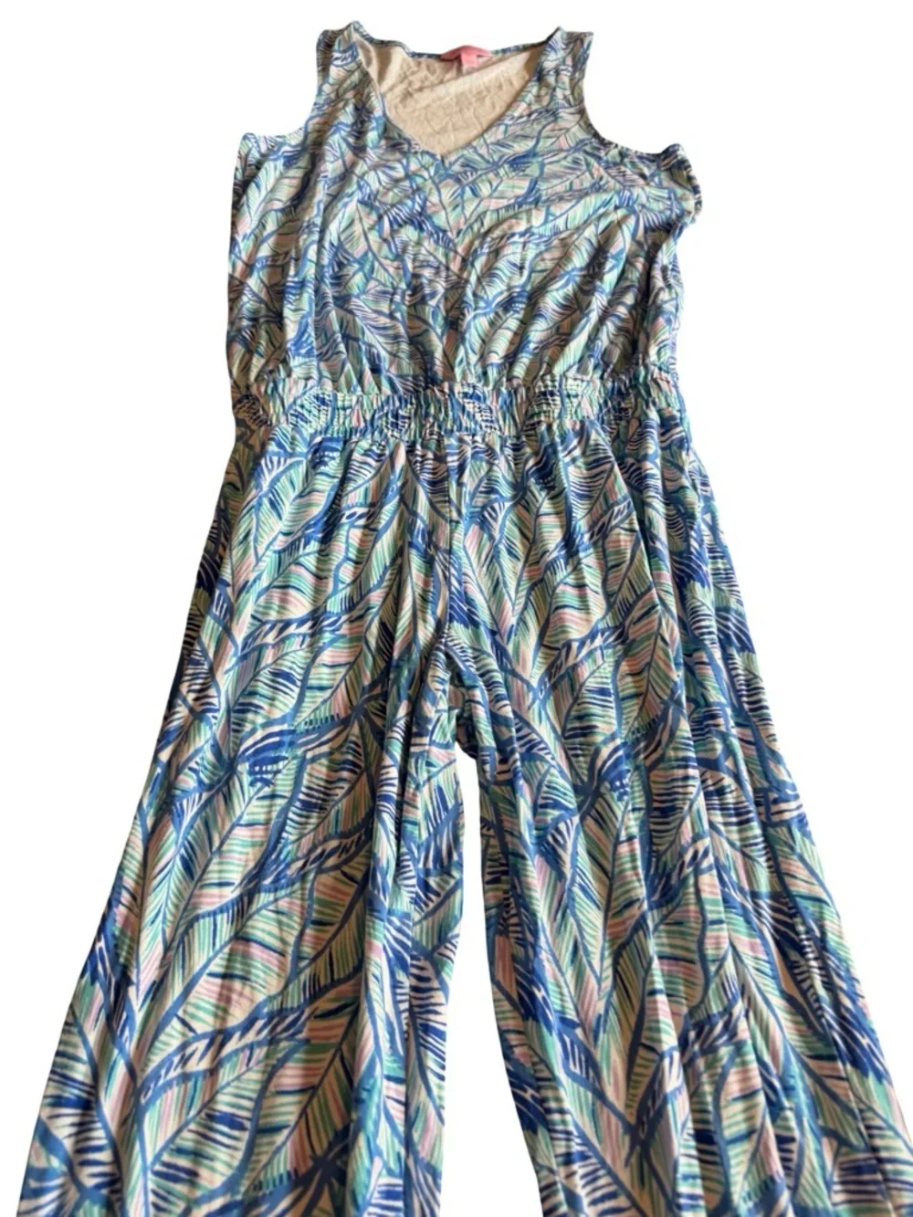 Lilly Pulitzer Paulina Jumpsuit Blue Lets Mango Leaf Stretch Tank Top Size XS